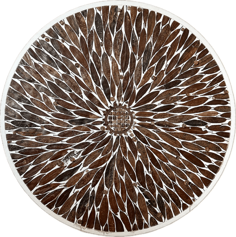 Stephanie-Hüllmann_Aspirin_2023_111x111cm_Assemblage-Blätter-Borke-Metallteil